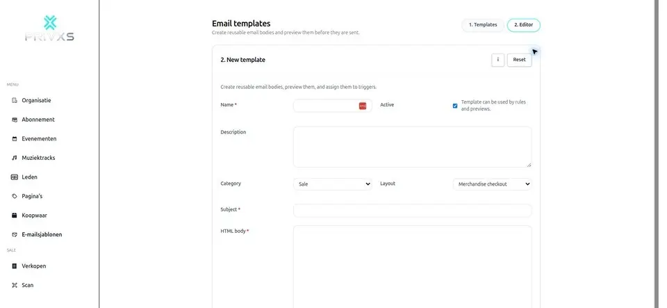 Geanonimiseerde screenshot van de e-mailsjabloon-editor in het huidige PrivXS-beheerportaal