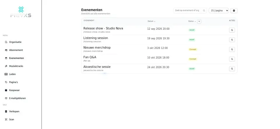 Geanonimiseerde screenshot van eventbeheer in het huidige PrivXS-beheerportaal