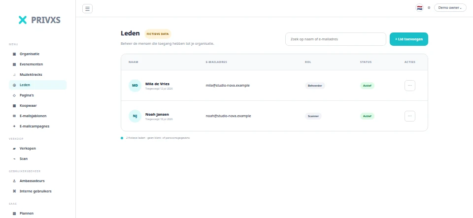 Geanonimiseerde screenshot van het huidige PrivXS-ledenoverzicht met twee fictieve records