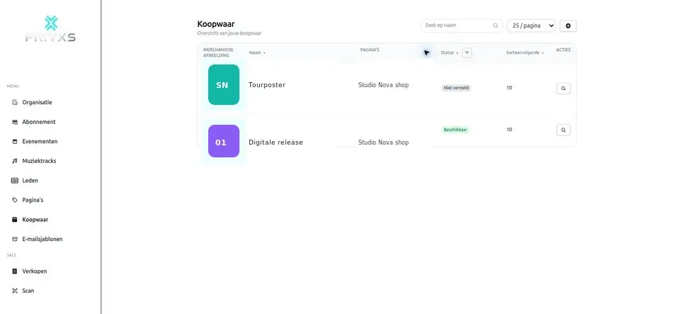 Geanonimiseerde screenshot van koopwaarbeheer in het huidige PrivXS-beheerportaal