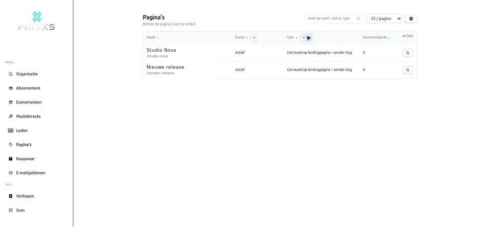 Geanonimiseerde screenshot van paginabeheer in het huidige PrivXS-beheerportaal